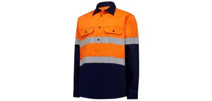 Mens Hi Vis L/Slv H/Weight Closed Front 2 Tone Cotton Drill Shirt W/Tape