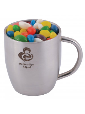 Assorted Colour Mini Jelly Beans in Stainless Steel Double Wall Curved Mug
