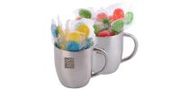 Corporate Colour Lollipops in Stainless Steel Double Wall Curved Mug