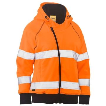 Women's Taped Hi Vis Fleece Zip Front Hoodie with Sherpa Lining - Orange