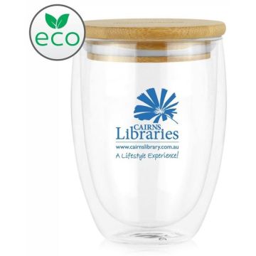 Amiens Double Wall Coffee Cup Glass 350ml - with Bamboo Lid