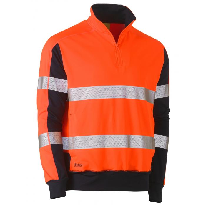 Taped Two Tone Hi Vis Contrast Stretchy 1/4 Zip Pullover - Orange/Navy