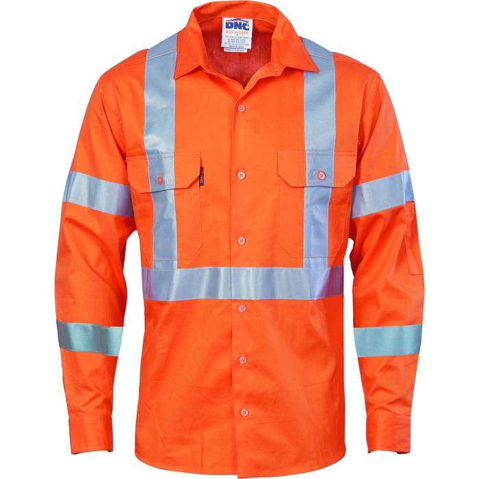 Hivis Cool-Breeze Cotton Shirt With Double Hoop On Arms & 'X' Back CSR R/Tape - Long Sleeve