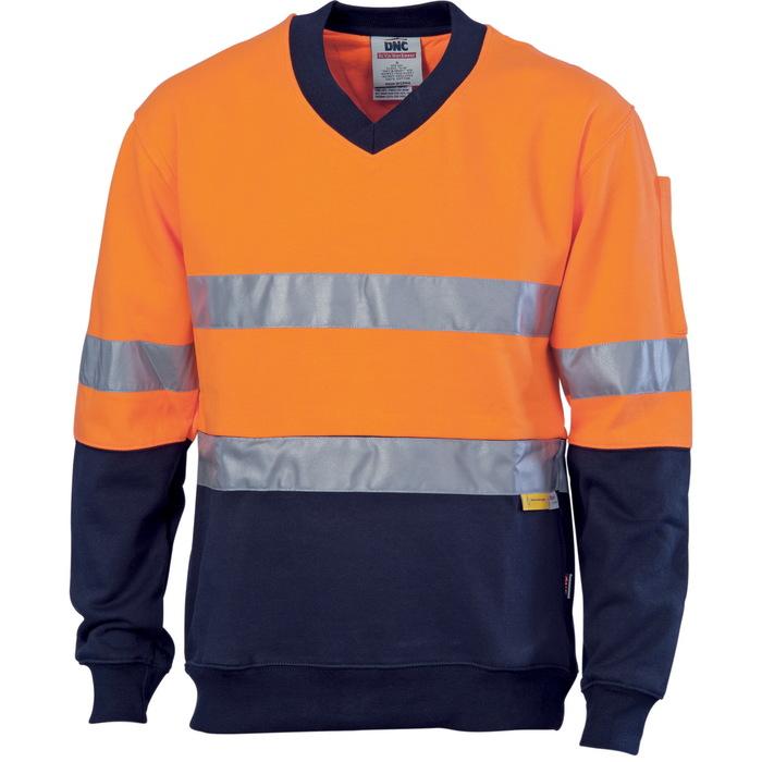 HiVis Two Tone Cotton Fleecy Sweat Shirt V-Neck with 3M R/Tape