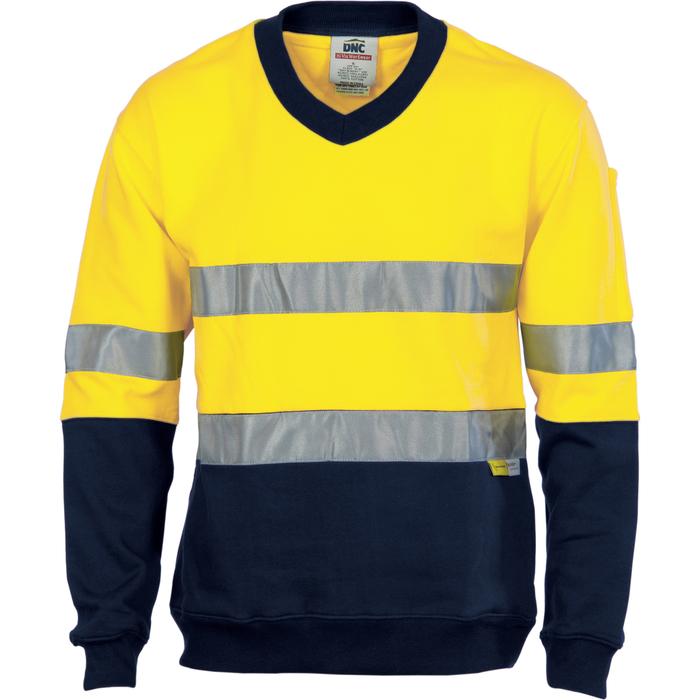 HiVis Two Tone Cotton Fleecy Sweat Shirt V-Neck with 3M R/Tape