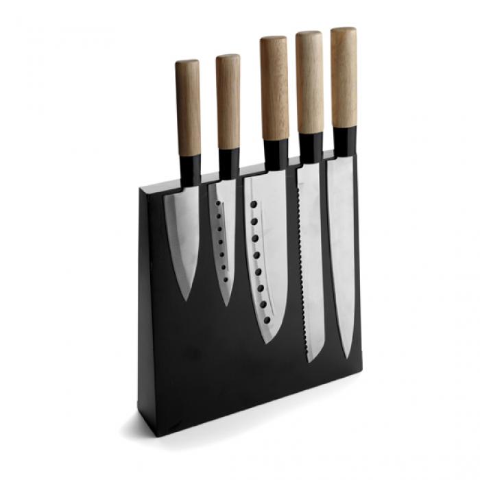 Set Of Kitchen Knives On A Wooden Magnetic Holder