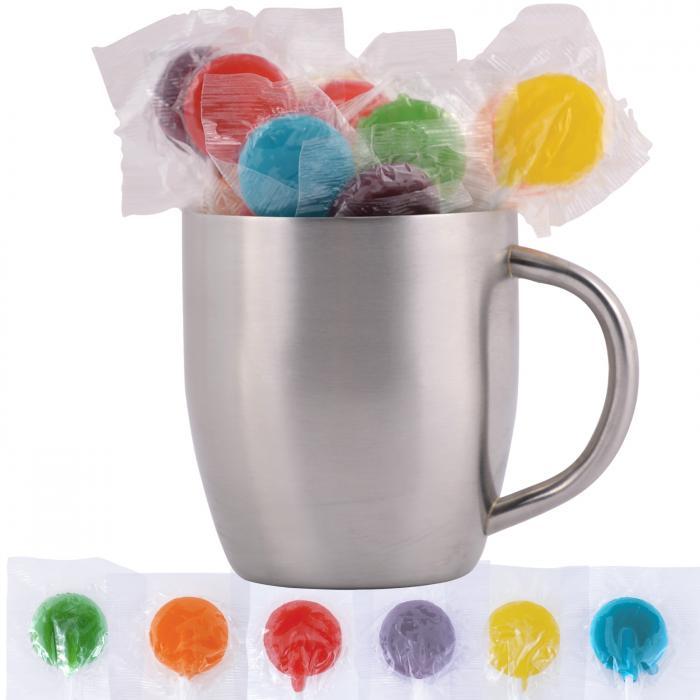 Assorted Colour Lollipops in Stainless Steel Double Wall Curved Mug