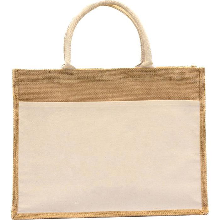 Laminated Jute Beach Bag With Cotton Handles And Front Pocket